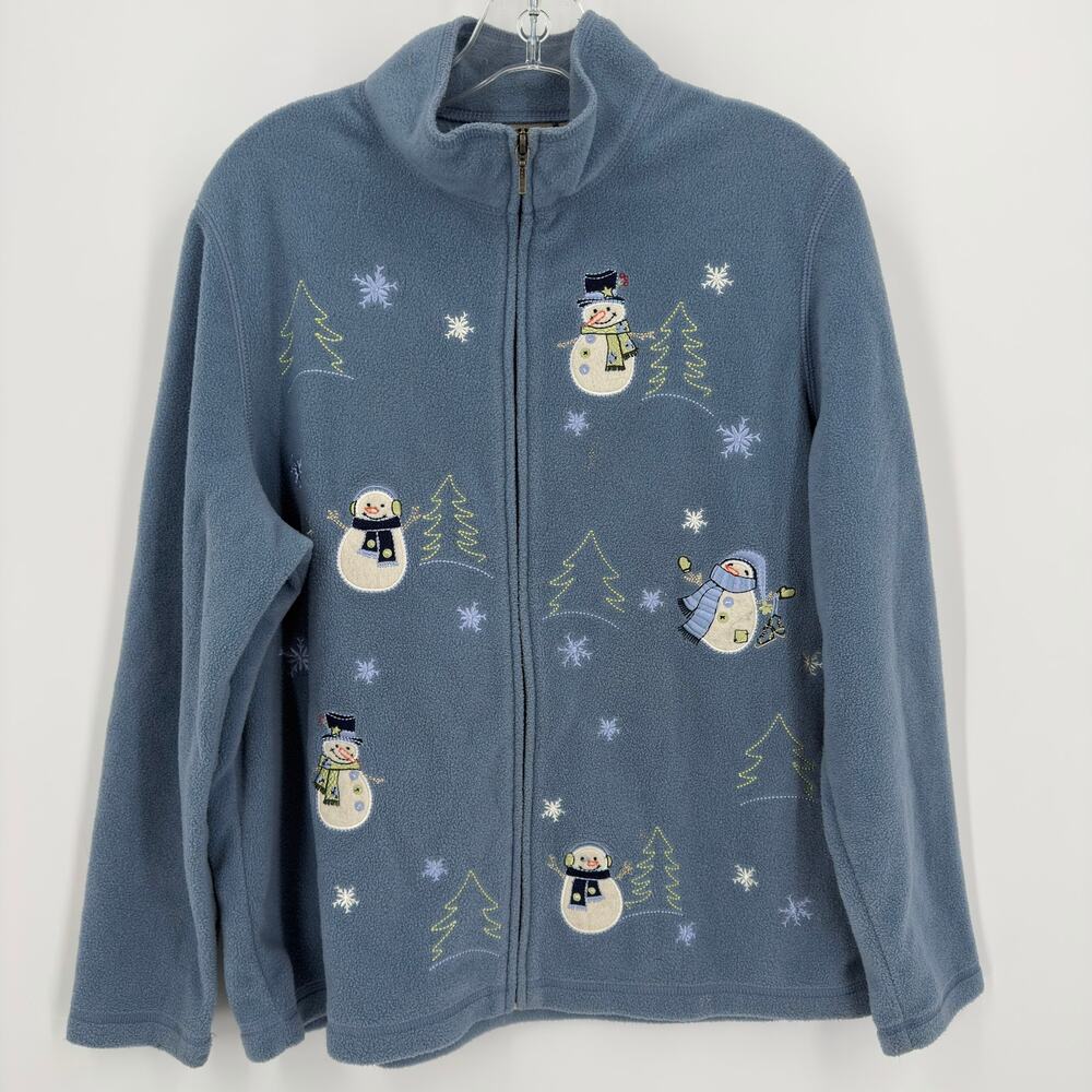 Croft & Barrow Snowman Fleece‎ Jacket 90s Vintage Women Large Blue Zip Sweater